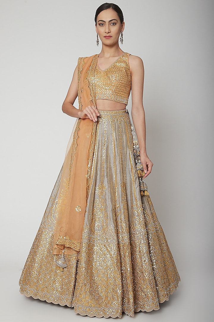 Grey & Yellow Embroidered Lehenga Set by Seema Gujral