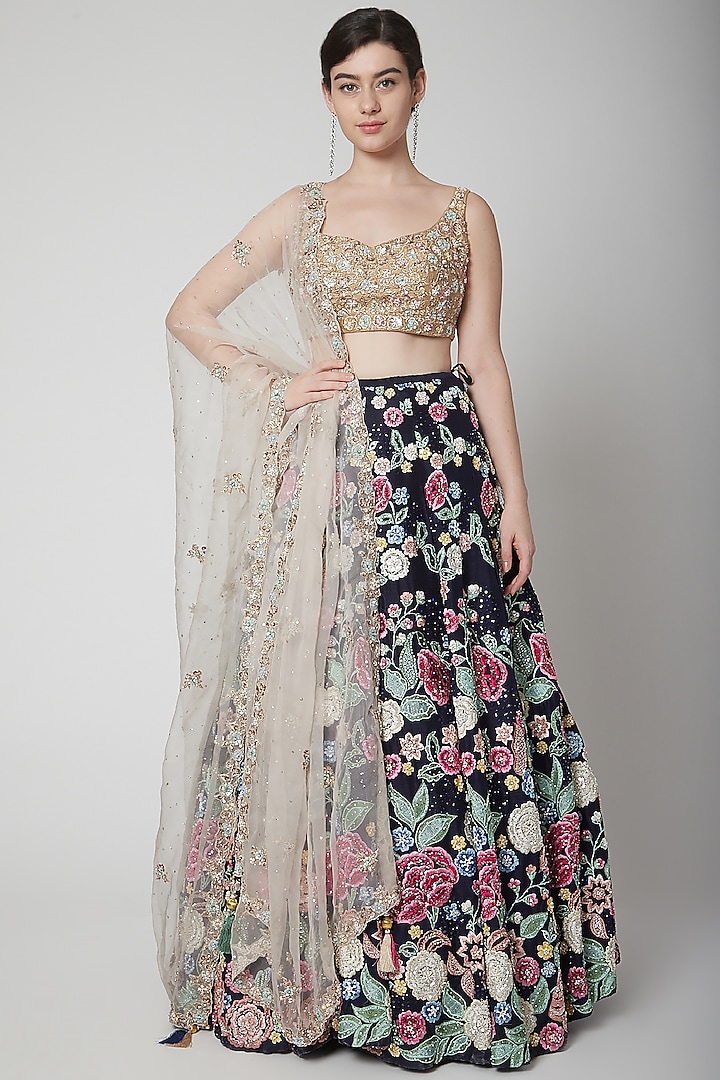 Navy Blue & Gold Embroidered Lehenga Set by Seema Gujral