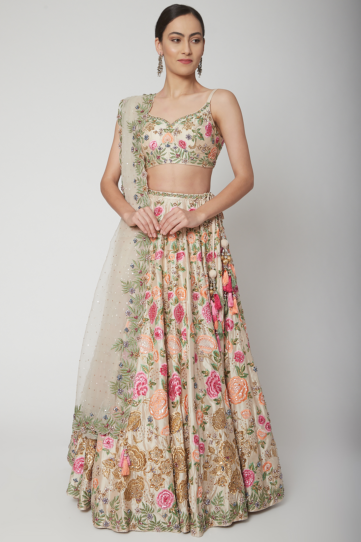 Ivory Thread Embroidered Lehenga Set by Seema Gujral