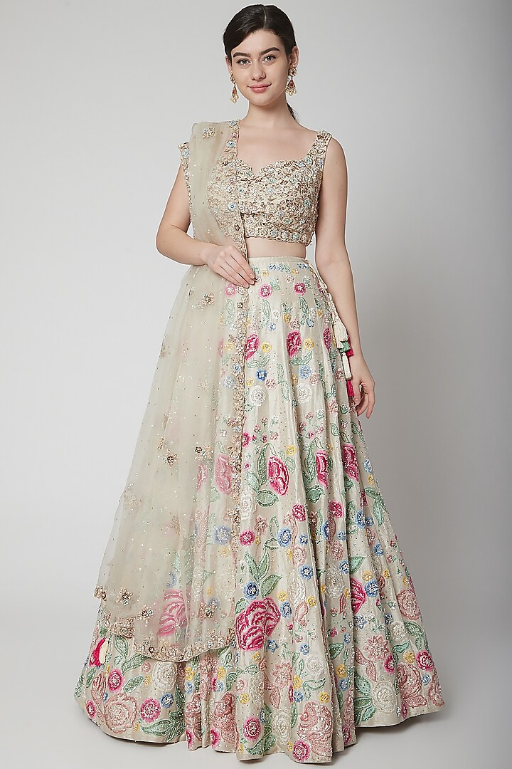 Ivory & Gold Thread Embroidered Lehenga Set by Seema Gujral
