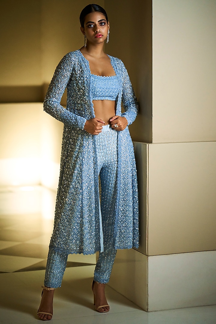 Blue Embroidered Jacket Set by Seema Gujral