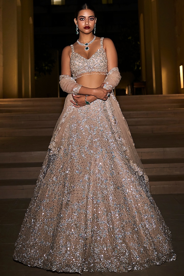 Champagne Embroidered Lehenga Set by Seema Gujral