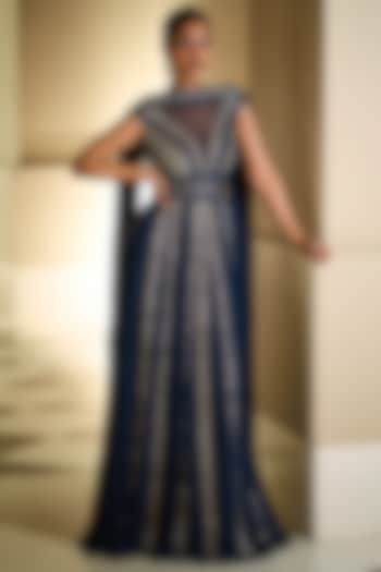 Navy Blue Embroidered Gown by Seema Gujral