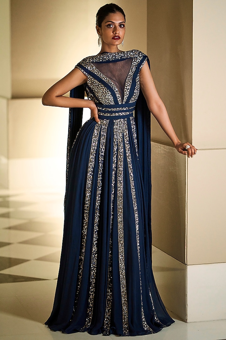 Navy Blue Embroidered Gown by Seema Gujral