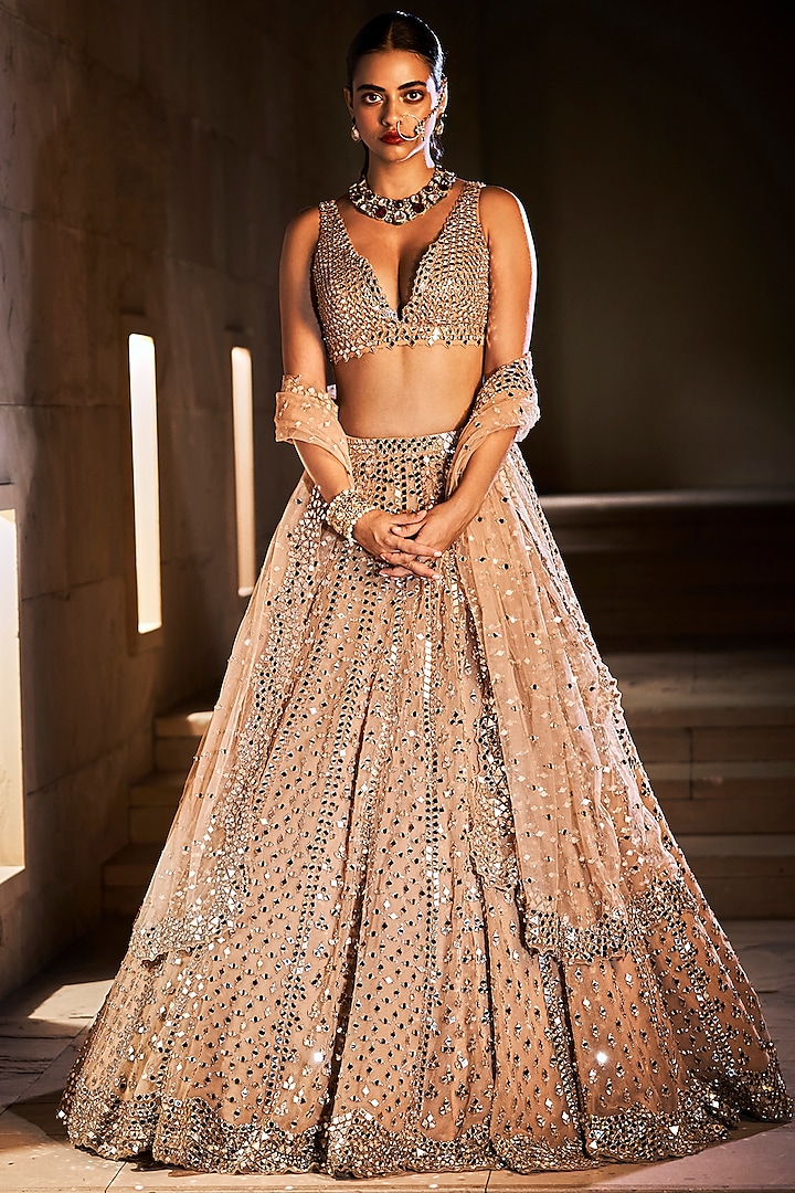 Gold Mirror Embroidered Lehenga Set by Seema Gujral