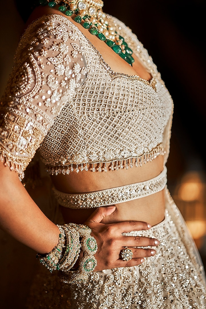 Cream Embroidered Bridal Lehenga Set by Seema Gujral at Pernia's Pop Up Shop