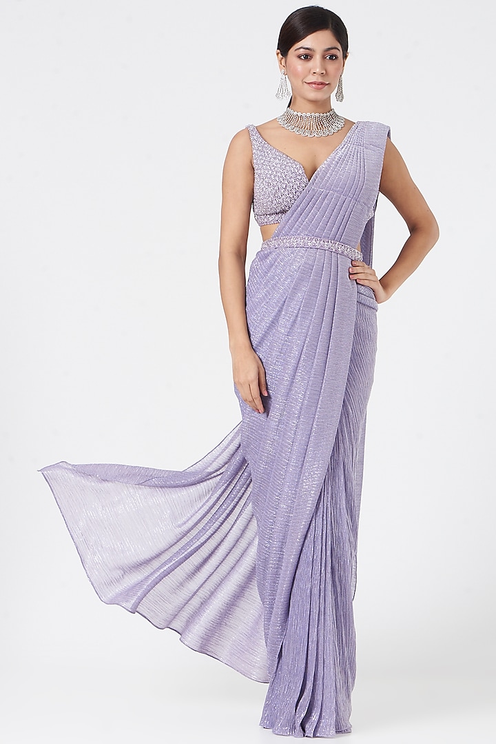 Mauve Wrinkled Lurex Pre-Draped Saree Set by Seema Gujral at Pernia's Pop Up Shop