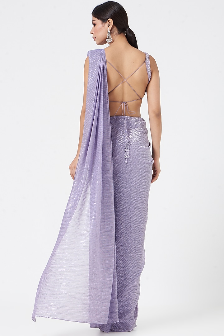 Mauve Wrinkled Lurex Pre-Draped Wedding Saree Set by Seema Gujral at Pernia's Pop Up Shop