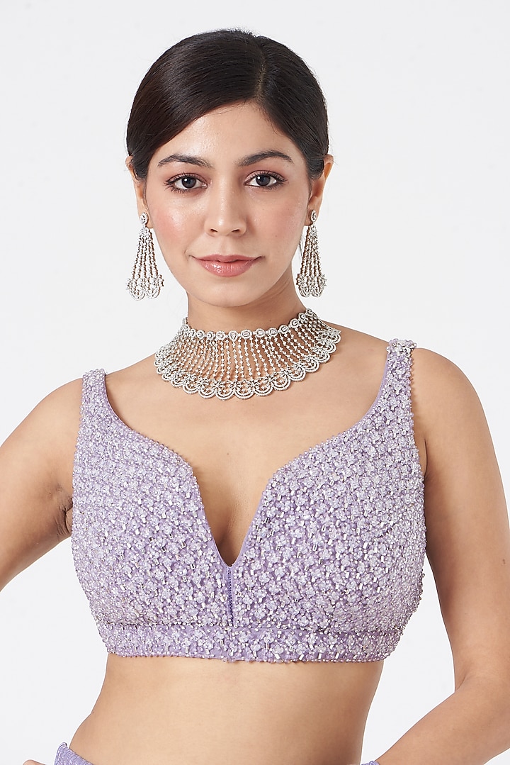 Mauve Wrinkled Lurex Pre-Draped Wedding Saree Set by Seema Gujral at Pernia's Pop Up Shop