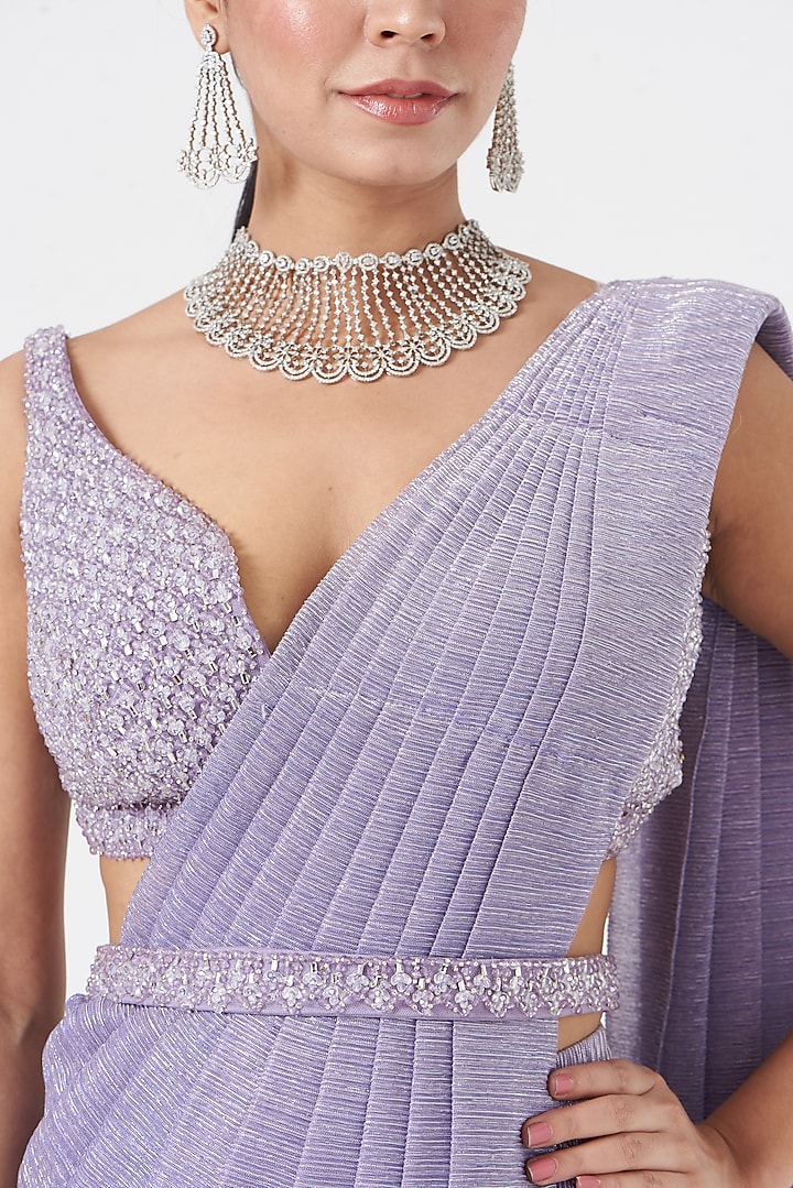 Mauve Wrinkled Lurex Pre-Draped Wedding Saree Set by Seema Gujral at Pernia's Pop Up Shop