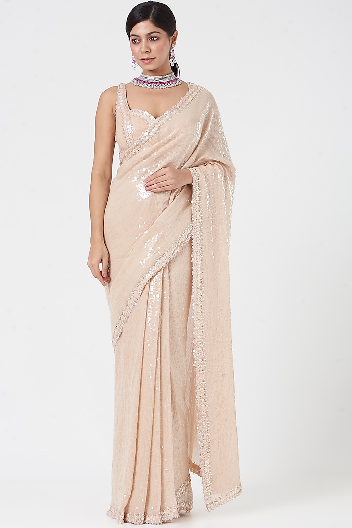 Beige Sequins Embroidered Saree by Seema Gujral