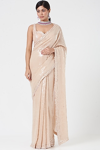Beige Sequins Embroidered Saree by Seema Gujral