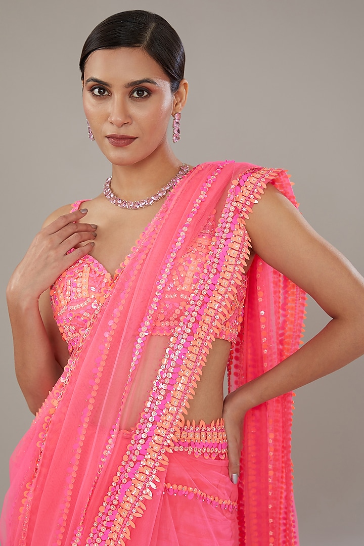 Pink Net Sequins Embroidered Reception Saree Set by Seema Gujral at Pernia's Pop Up Shop