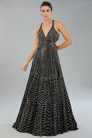 Black Georgette Crystal Embroidered Gown by Seema Gujral