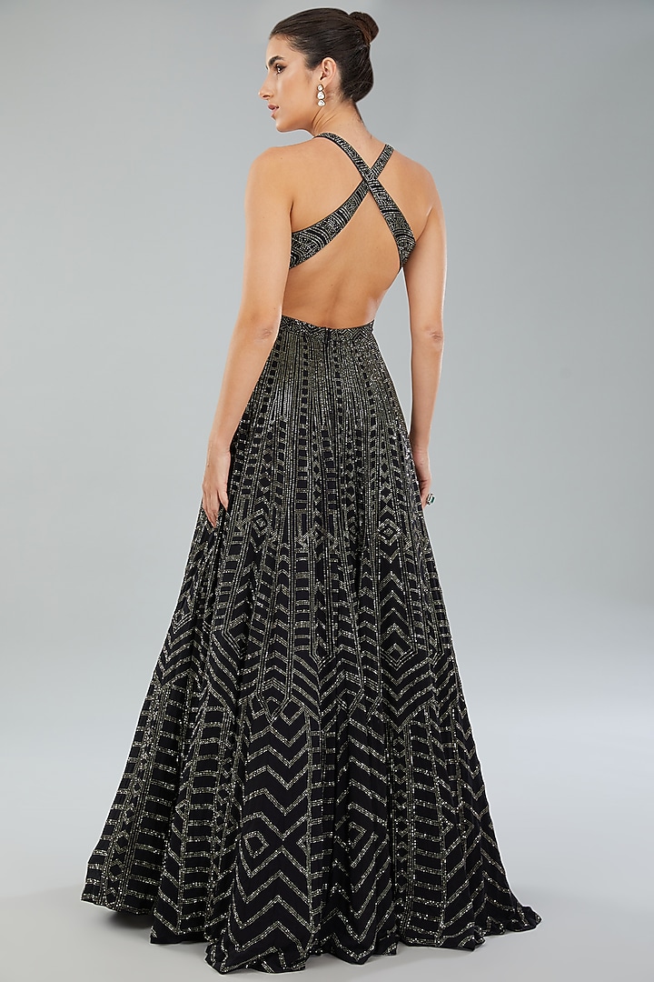 Black Georgette Crystal Embroidered Wedding Gown by Seema Gujral at Pernia's Pop Up Shop