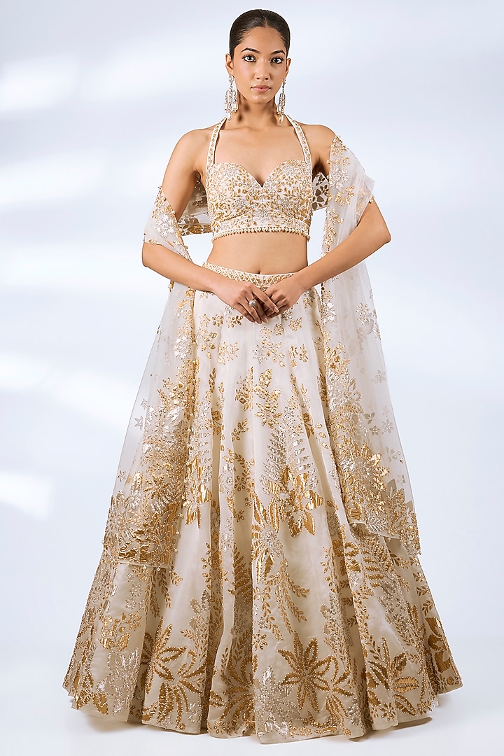 Ivory Organza Floral Applique Embroidered Bridal Lehenga Set by Seema Gujral at Pernia's Pop Up Shop