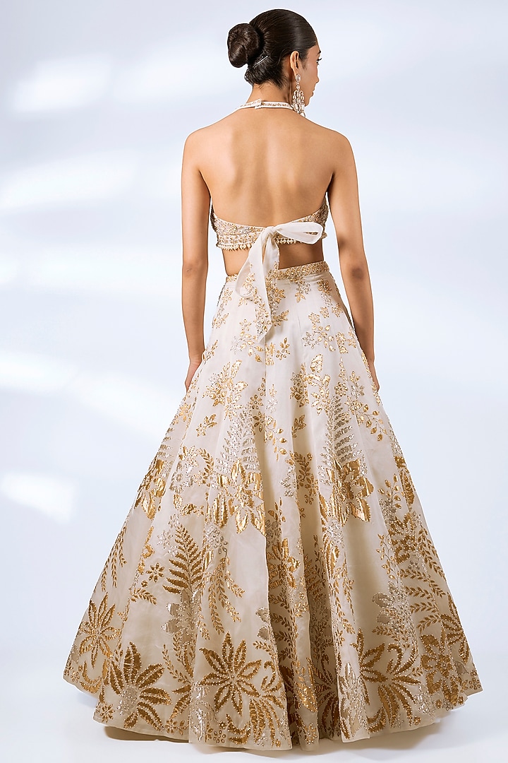 Ivory Organza Floral Applique Embroidered Bridal Lehenga Set by Seema Gujral at Pernia's Pop Up Shop