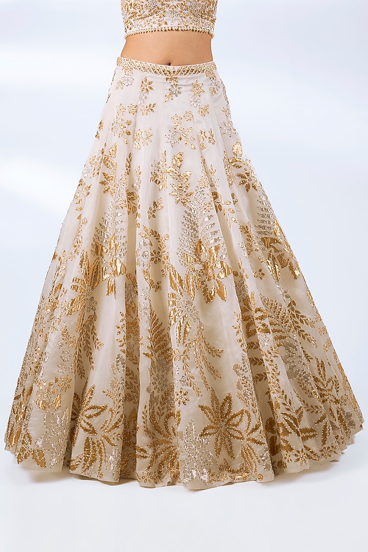 Ivory Organza Floral Applique Embroidered Bridal Lehenga Set by Seema Gujral at Pernia's Pop Up Shop