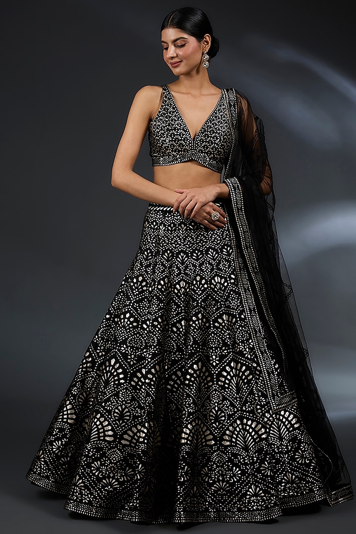 Black Raw Silk Cutwork Embroidered Wedding Lehenga Set by Seema Gujral at Pernia's Pop Up Shop