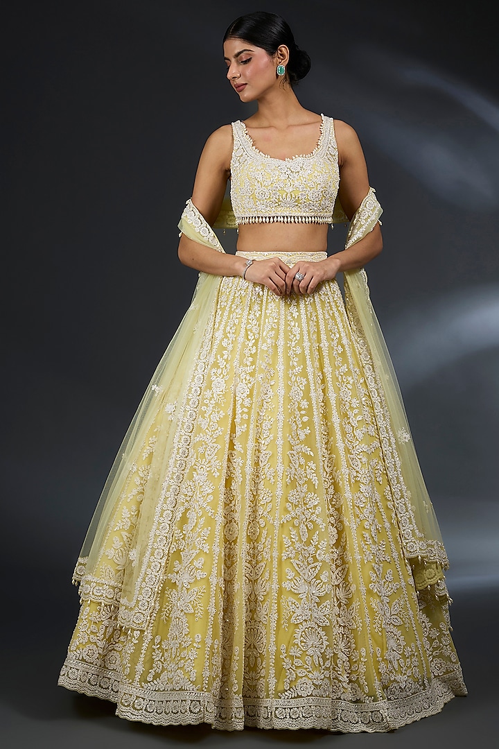 Yellow Net Sequins & Pearl Embroidered Bridal Lehenga Set by Seema Gujral at Pernia's Pop Up Shop