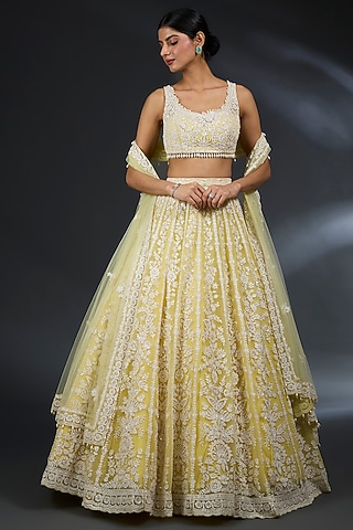 Yellow Net Sequins & Pearl Embroidered Lehenga Set by Seema Gujral