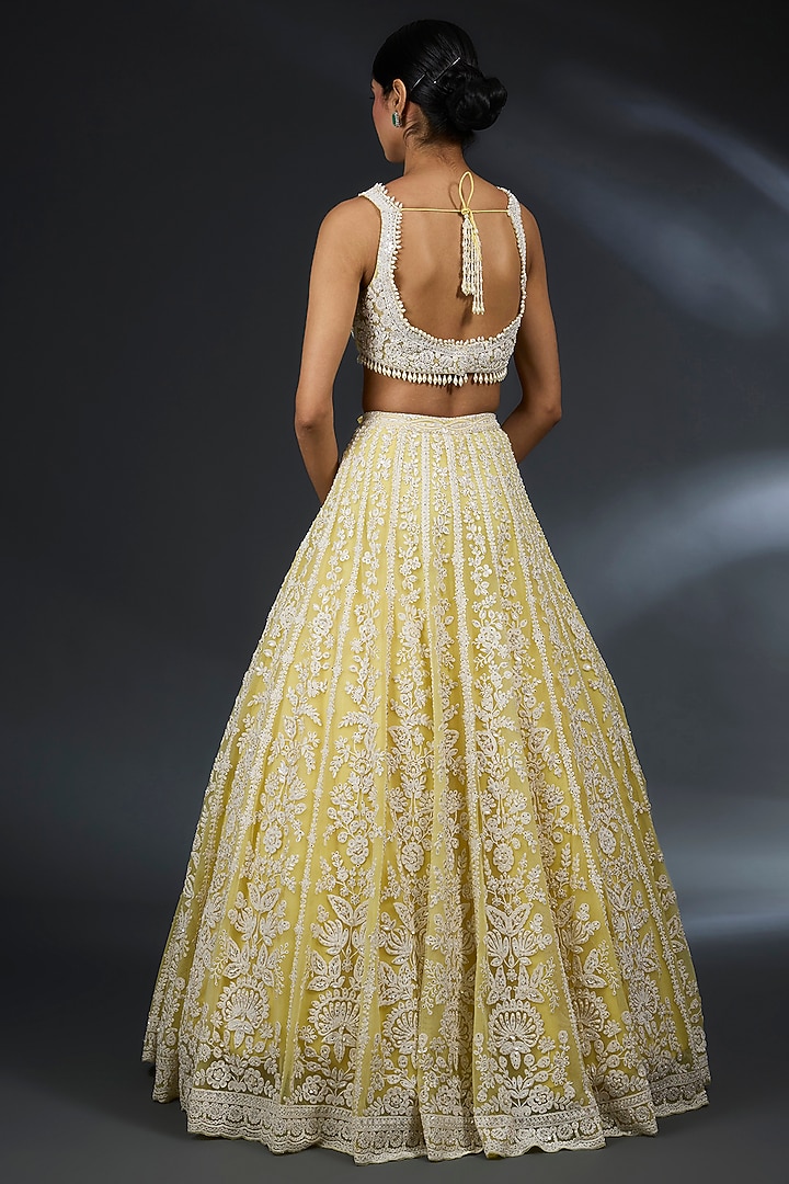 Yellow Net Sequins & Pearl Embroidered Bridal Lehenga Set by Seema Gujral at Pernia's Pop Up Shop