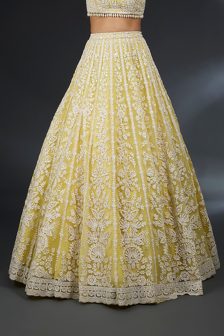 Yellow Net Sequins & Pearl Embroidered Bridal Lehenga Set by Seema Gujral at Pernia's Pop Up Shop