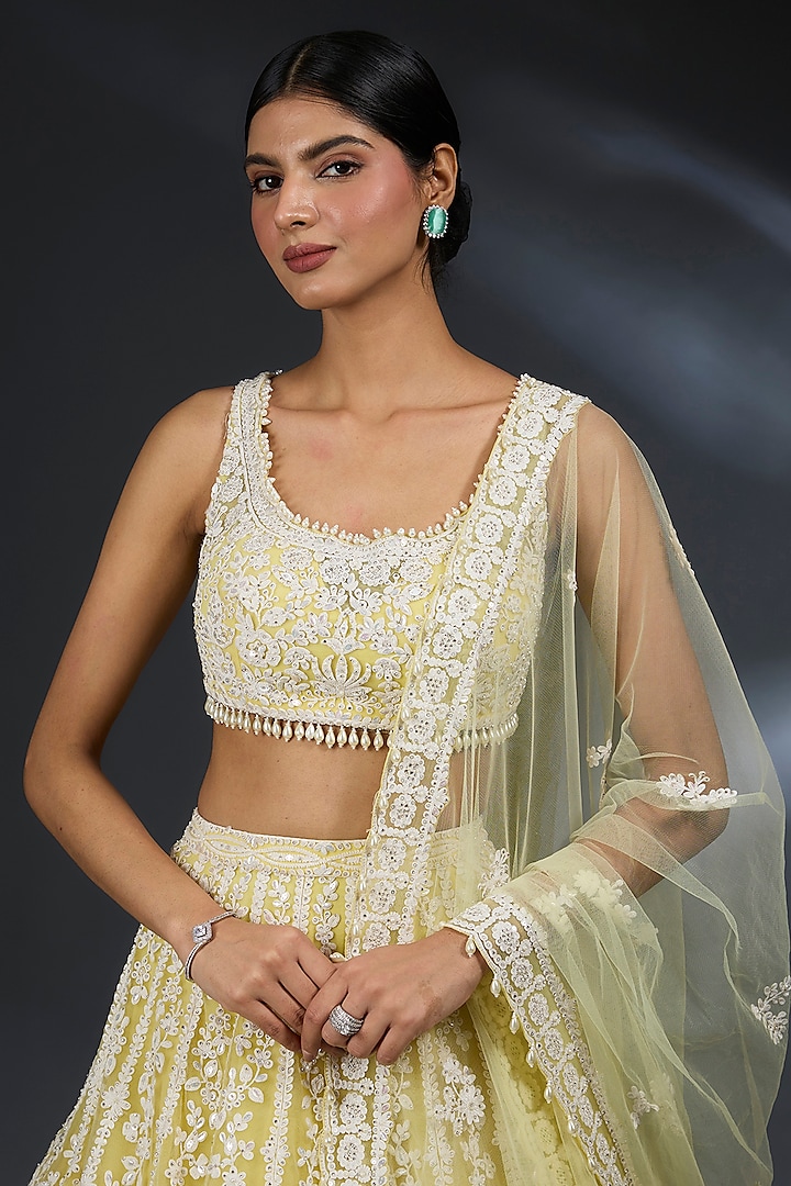 Yellow Net Sequins & Pearl Embroidered Bridal Lehenga Set by Seema Gujral at Pernia's Pop Up Shop