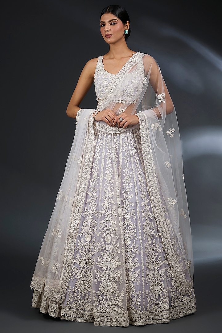 Mauve Net Sequins & Pearl Embroidered Bridal Lehenga Set by Seema Gujral at Pernia's Pop Up Shop