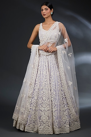 Mauve Net Sequins & Pearl Embroidered Lehenga Set by Seema Gujral