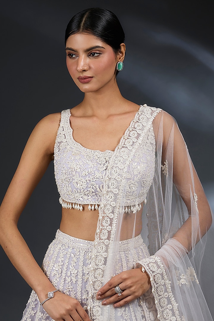 Mauve Net Sequins & Pearl Embroidered Bridal Lehenga Set by Seema Gujral at Pernia's Pop Up Shop