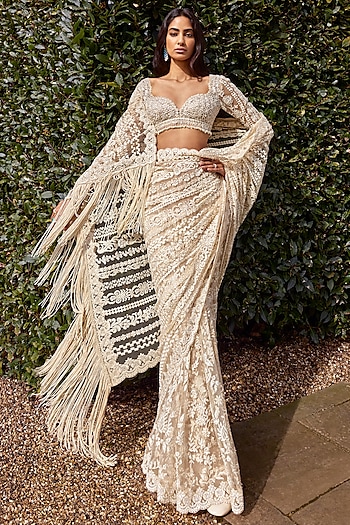 Powder Peach Net Sequins & Pearl Embroidered Bridal Saree Set by Seema Gujral at Pernia's Pop Up Shop