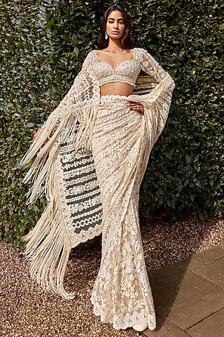 Powder Peach Net Sequins & Pearl Embroidered Saree Set by Seema Gujral