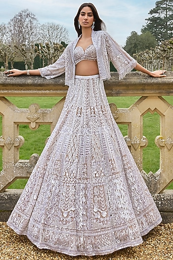 Nude Net Sequins & Crystal Embroidered Jacket Bridal Lehenga Set by Seema Gujral at Pernia's Pop Up Shop