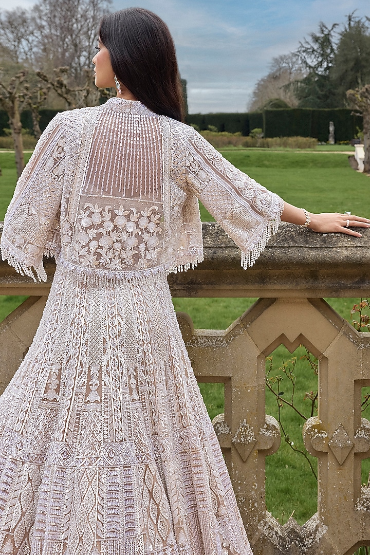 Nude Net Sequins & Crystal Embroidered Jacket Bridal Lehenga Set by Seema Gujral at Pernia's Pop Up Shop