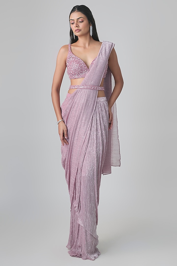 Dusty Pink Lurex Pre-Draped Wedding Saree Set by Seema Gujral at Pernia's Pop Up Shop