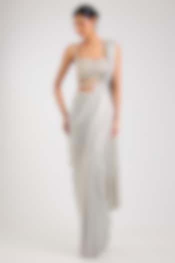 Silver Lurex Draped Wedding Saree Set by Seema Gujral at Pernia's Pop Up Shop