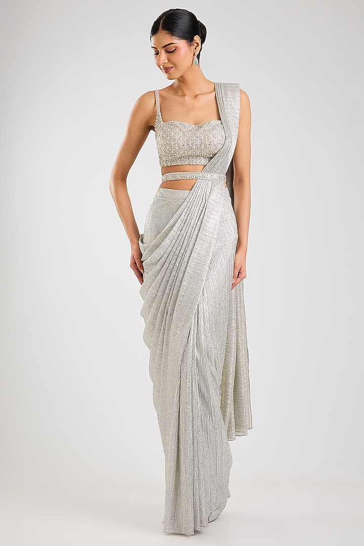Silver Lurex Draped Wedding Saree Set by Seema Gujral at Pernia's Pop Up Shop