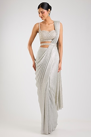 Silver Lurex Draped Saree Set by Seema Gujral