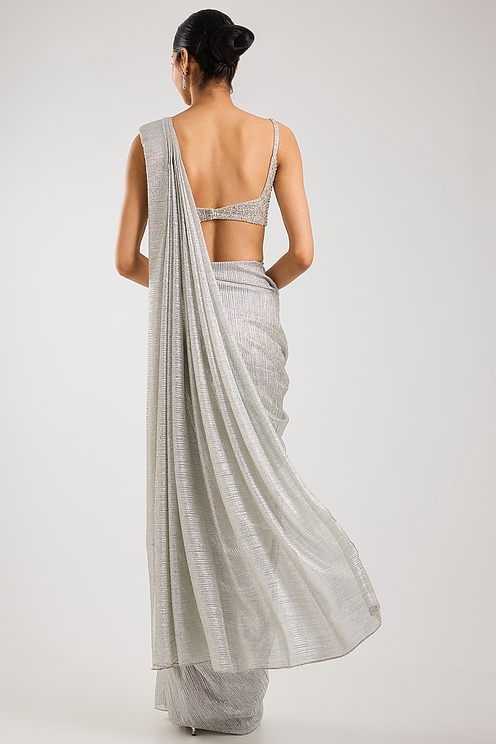 Silver Lurex Draped Wedding Saree Set by Seema Gujral at Pernia's Pop Up Shop