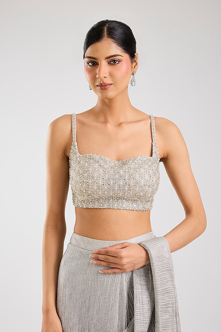 Silver Lurex Draped Wedding Saree Set by Seema Gujral at Pernia's Pop Up Shop