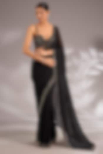 Black Georgette Embroidered Reception Saree Set by Seema Gujral at Pernia's Pop Up Shop