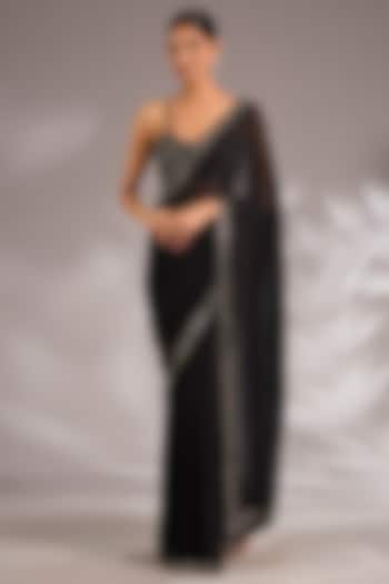 Black Georgette Embroidered Wedding Saree Set by Seema Gujral at Pernia's Pop Up Shop