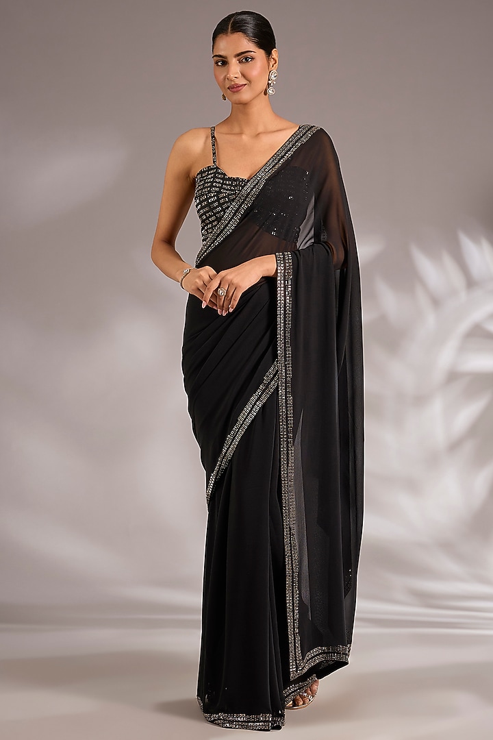 Black Georgette Embroidered Wedding Saree Set by Seema Gujral at Pernia's Pop Up Shop