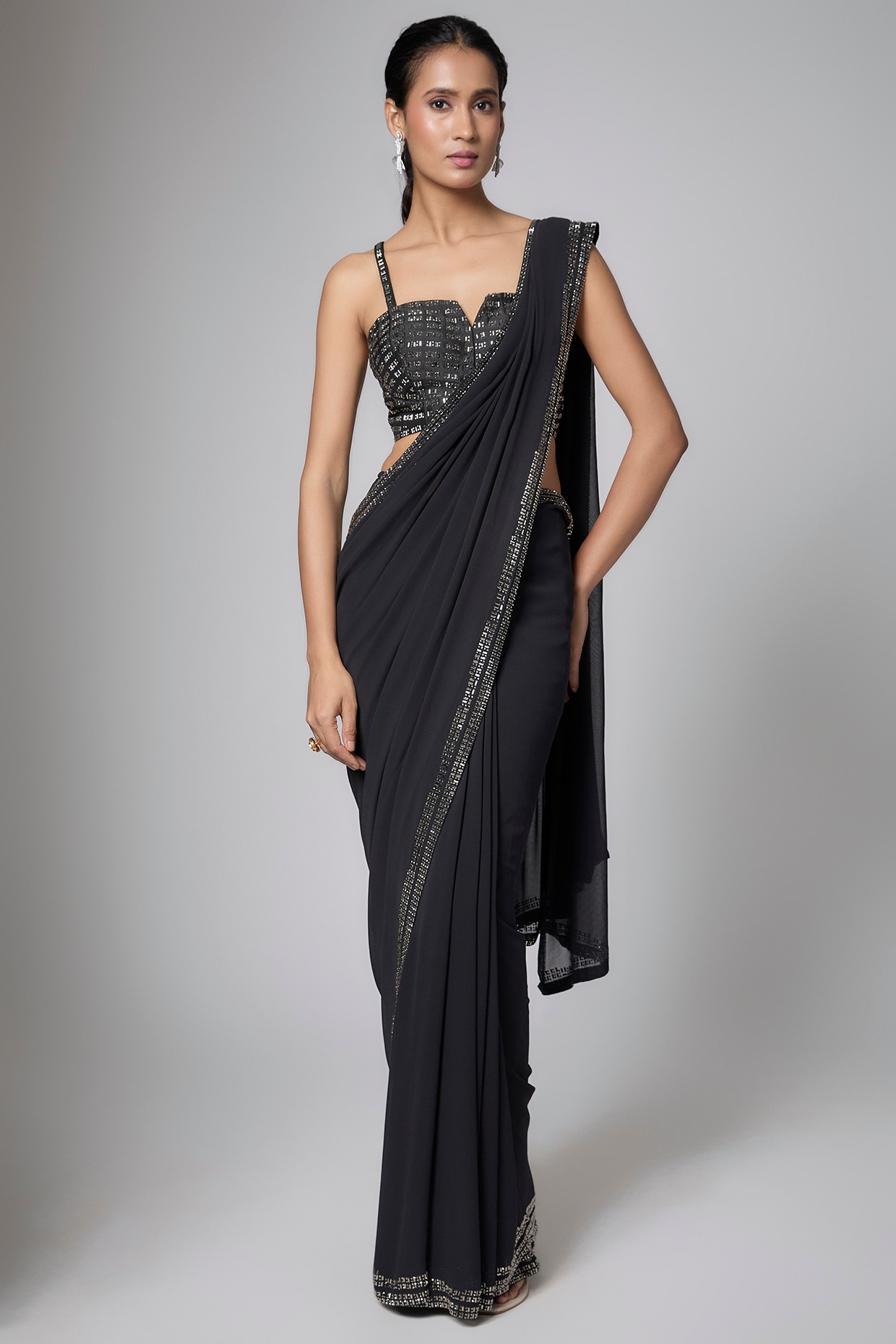 Seema Gujral Black Georgette Embellished Saree Set