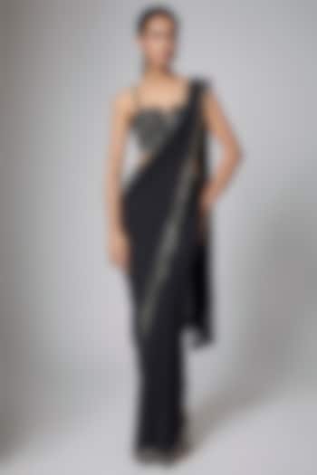 Black Georgette Embellished Reception Saree Set by Seema Gujral at Pernia's Pop Up Shop
