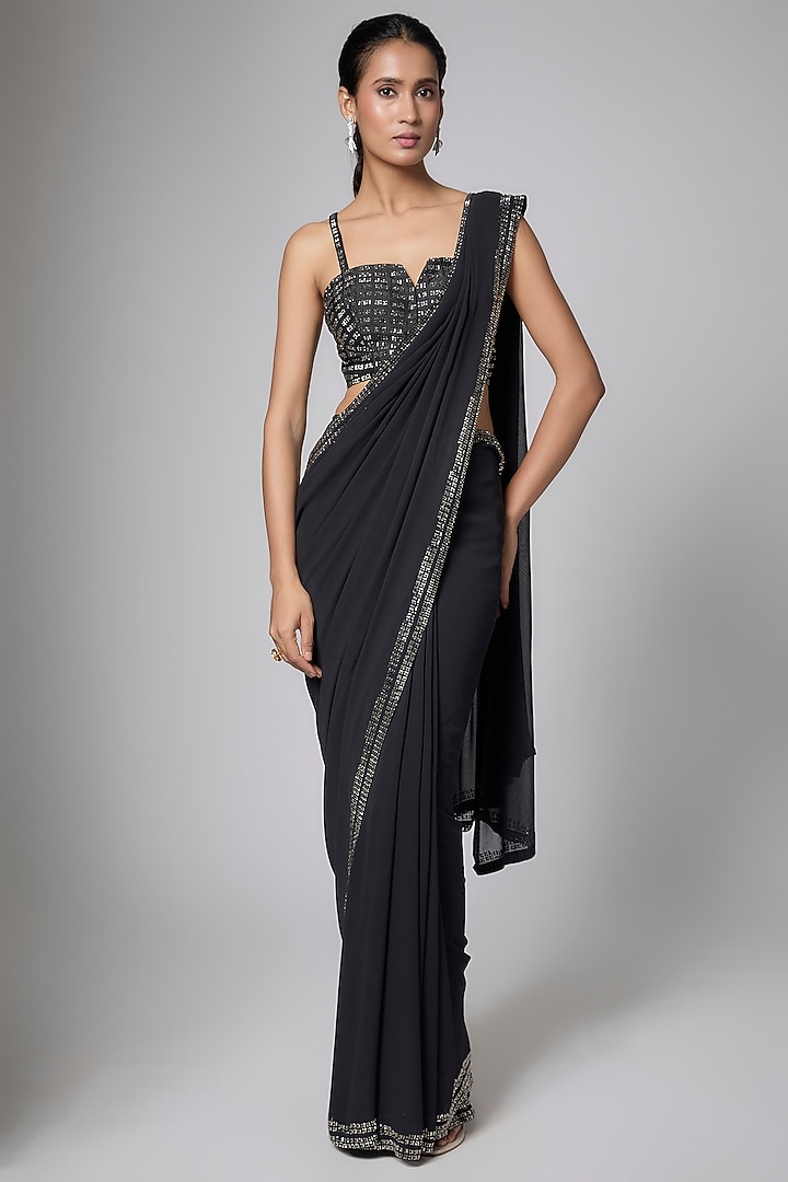 Black Georgette Embellished Reception Saree Set by Seema Gujral at Pernia's Pop Up Shop