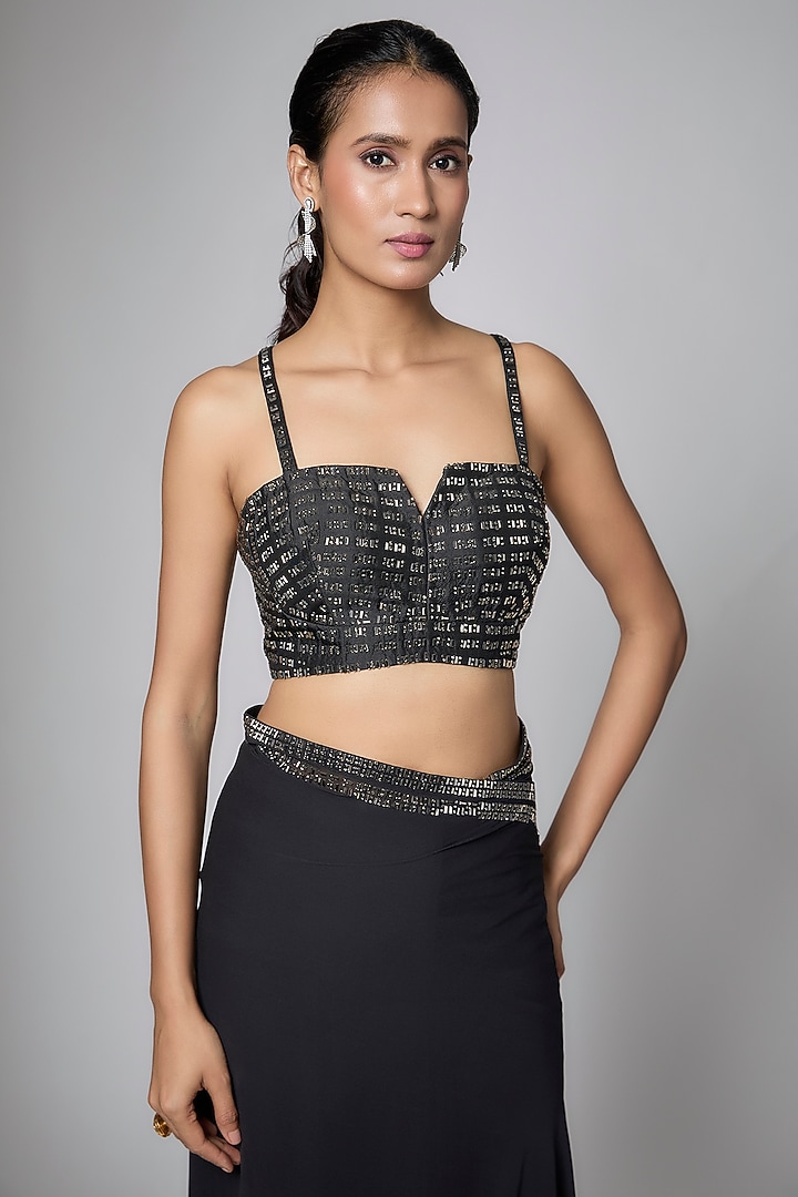 Black Georgette Embellished Reception Saree Set by Seema Gujral at Pernia's Pop Up Shop