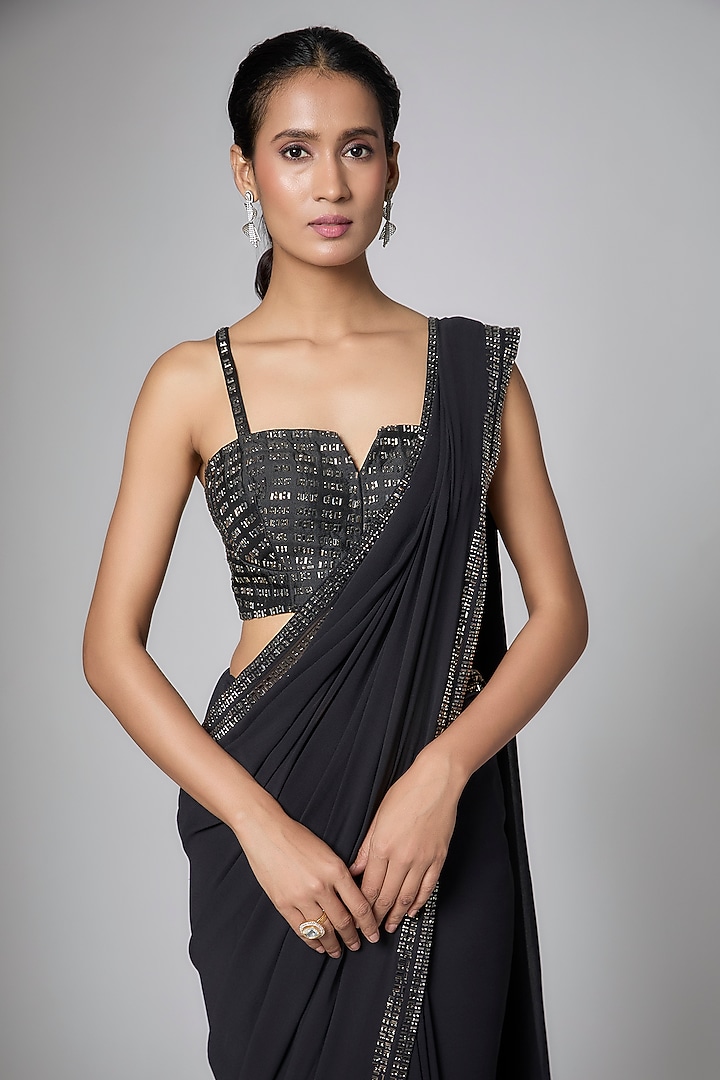 Black Georgette Embellished Reception Saree Set by Seema Gujral at Pernia's Pop Up Shop