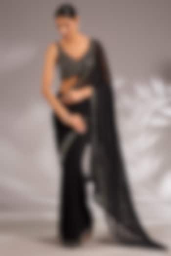 Black Georgette Embroidered Reception Saree Set by Seema Gujral at Pernia's Pop Up Shop